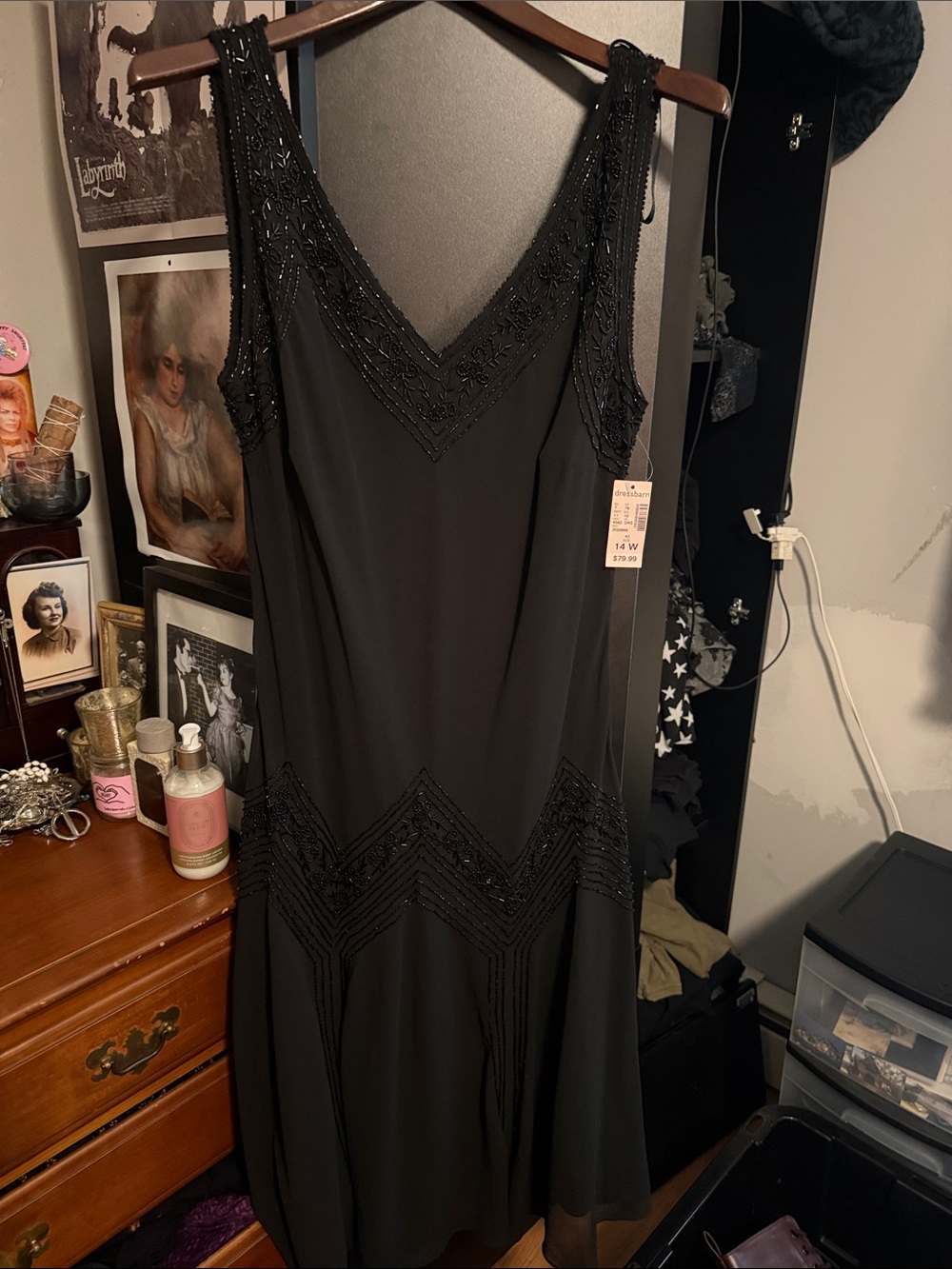 Black 1920’s style cocktail dress with beaded appliqué